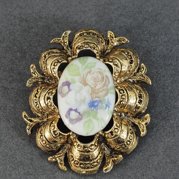 Jewelry - Vintage Brooch Pin Pink Rose Flower Porcelain Cameo Victorian Revival Gold Tone